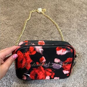 Victoria's Secret Black and Red Floral Crossbody Bag with Gold Chain